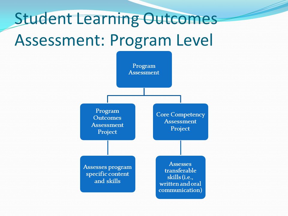 Student Learning Outcomes Assessment: Program Level Program Assessment Program Outcomes Assessment Project Assesses program specific content and skills Core Competency Assessment Project Assesses transferable skills (i.e., written and oral communication)