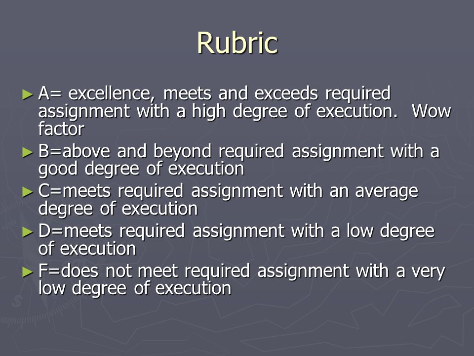 Rubric ► A= excellence, meets and exceeds required assignment with a high degree of execution.