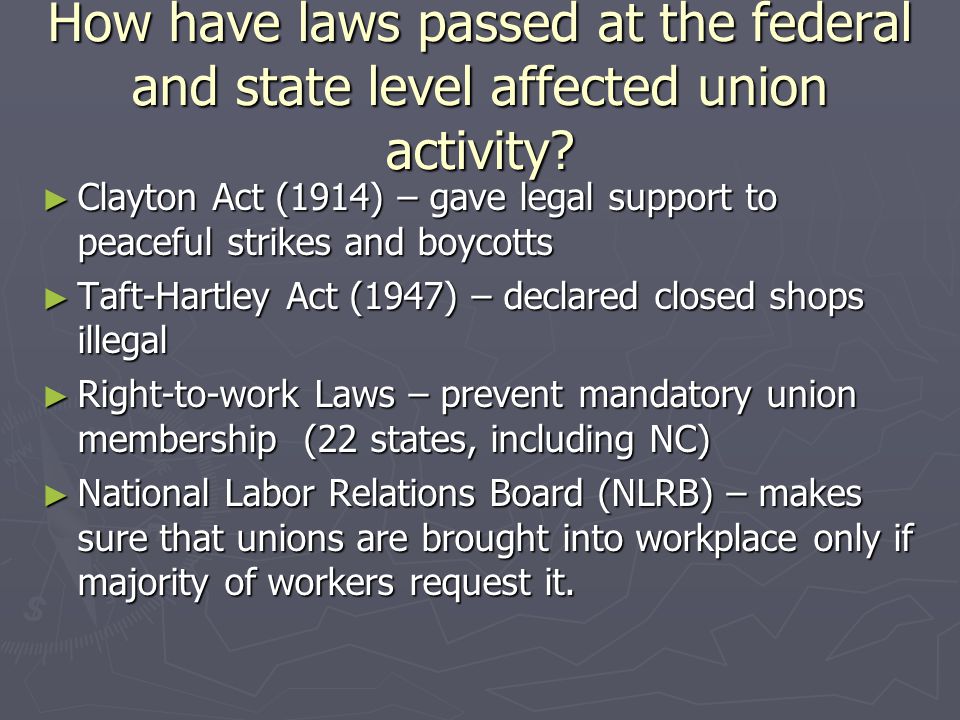 How have laws passed at the federal and state level affected union activity.