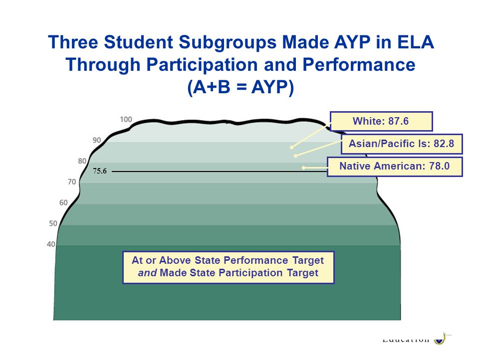 Three Student Subgroups Made AYP in ELA Through Participation and Performance (A+B = AYP) At or Above State Performance Target and Made State Participation Target White: 87.6 Asian/Pacific Is: 82.8 Native American: