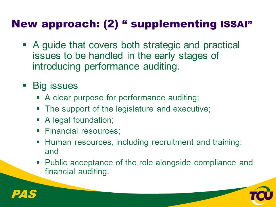 PAS New approach: (2) supplementing ISSAI  A guide that covers both strategic and practical issues to be handled in the early stages of introducing performance auditing.