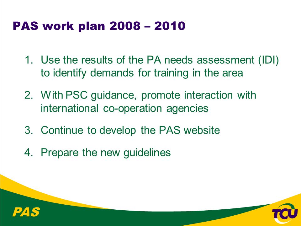 PAS PAS work plan 2008 – Use the results of the PA needs assessment (IDI) to identify demands for training in the area 2.With PSC guidance, promote interaction with international co-operation agencies 3.Continue to develop the PAS website 4.Prepare the new guidelines