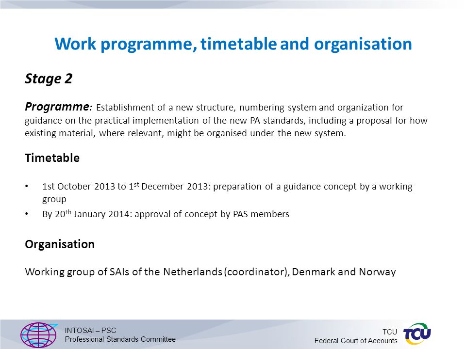 Work programme, timetable and organisation Stage 2 Programme : Establishment of a new structure, numbering system and organization for guidance on the practical implementation of the new PA standards, including a proposal for how existing material, where relevant, might be organised under the new system.
