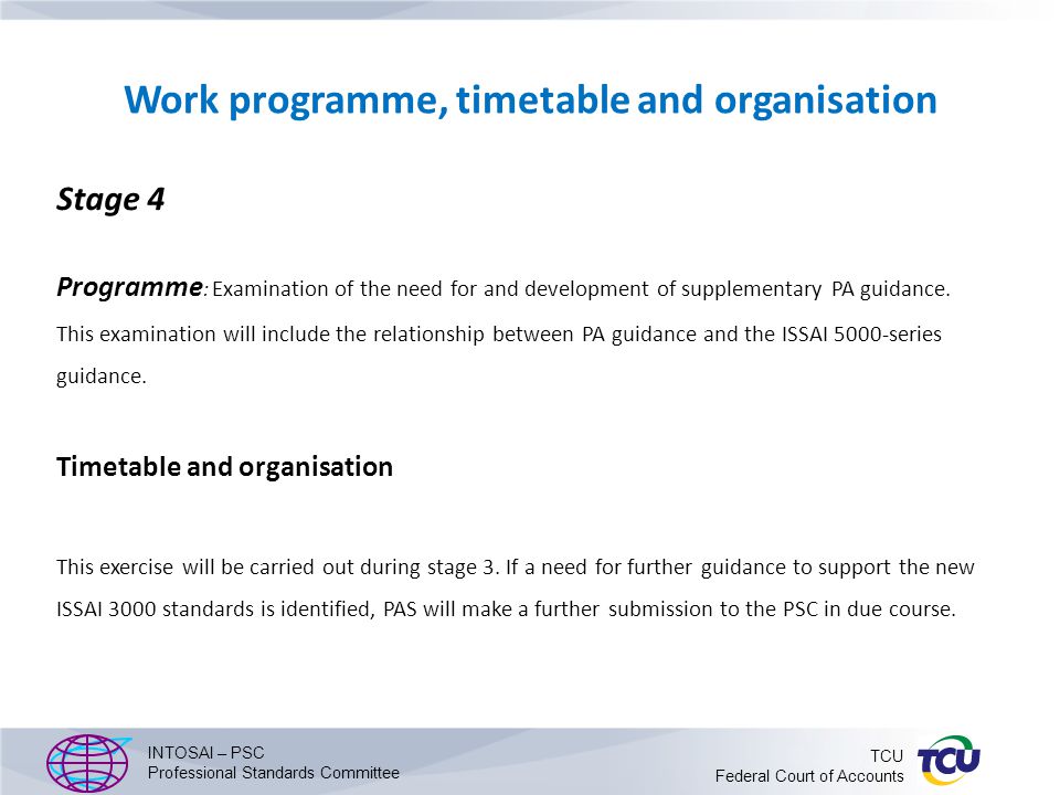 Work programme, timetable and organisation Stage 4 Programme : Examination of the need for and development of supplementary PA guidance.