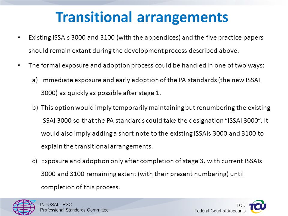 Transitional arrangements Existing ISSAIs 3000 and 3100 (with the appendices) and the five practice papers should remain extant during the development process described above.