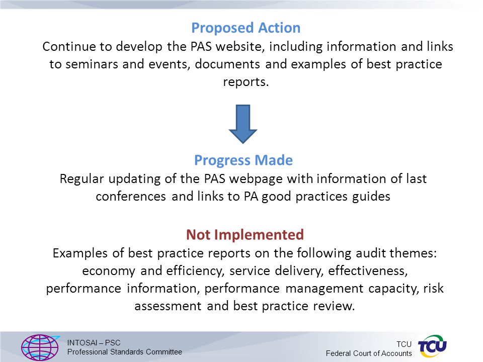 Proposed Action Continue to develop the PAS website, including information and links to seminars and events, documents and examples of best practice reports.