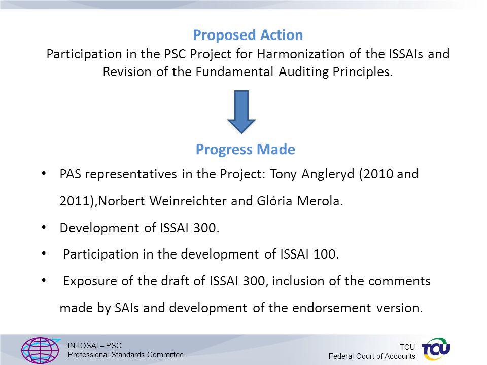 Proposed Action Participation in the PSC Project for Harmonization of the ISSAIs and Revision of the Fundamental Auditing Principles.