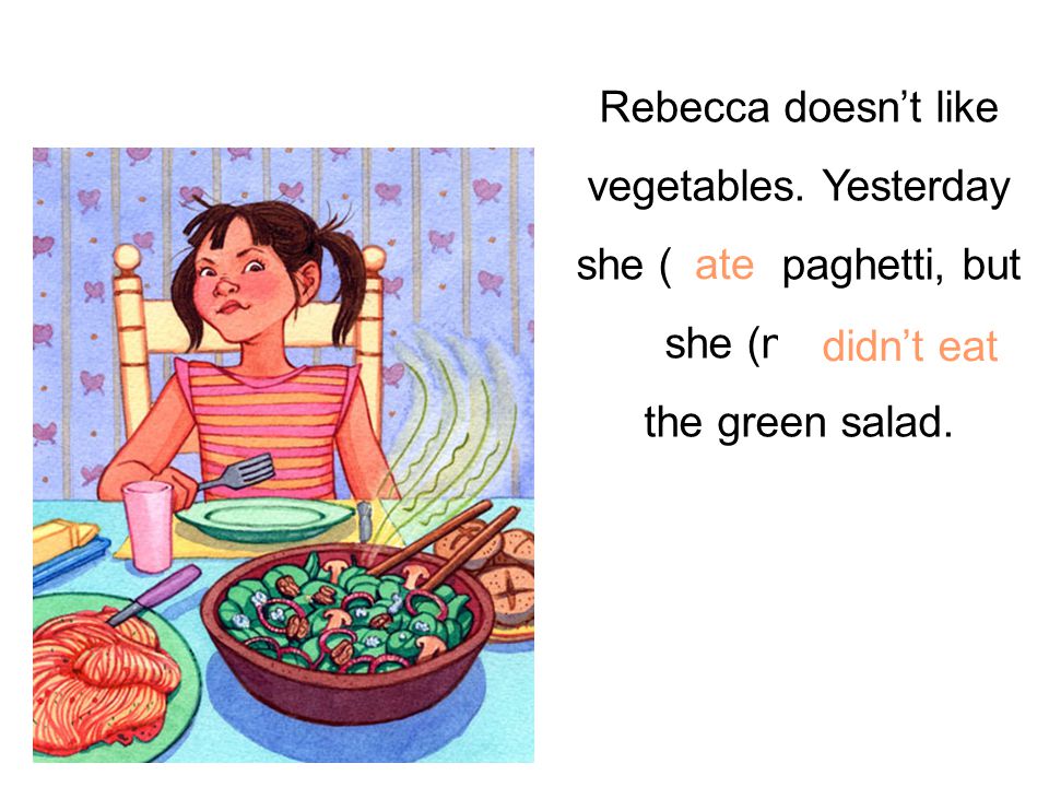 Rebecca doesn’t like vegetables. Yesterday she (eat) spaghetti, but she (neg.
