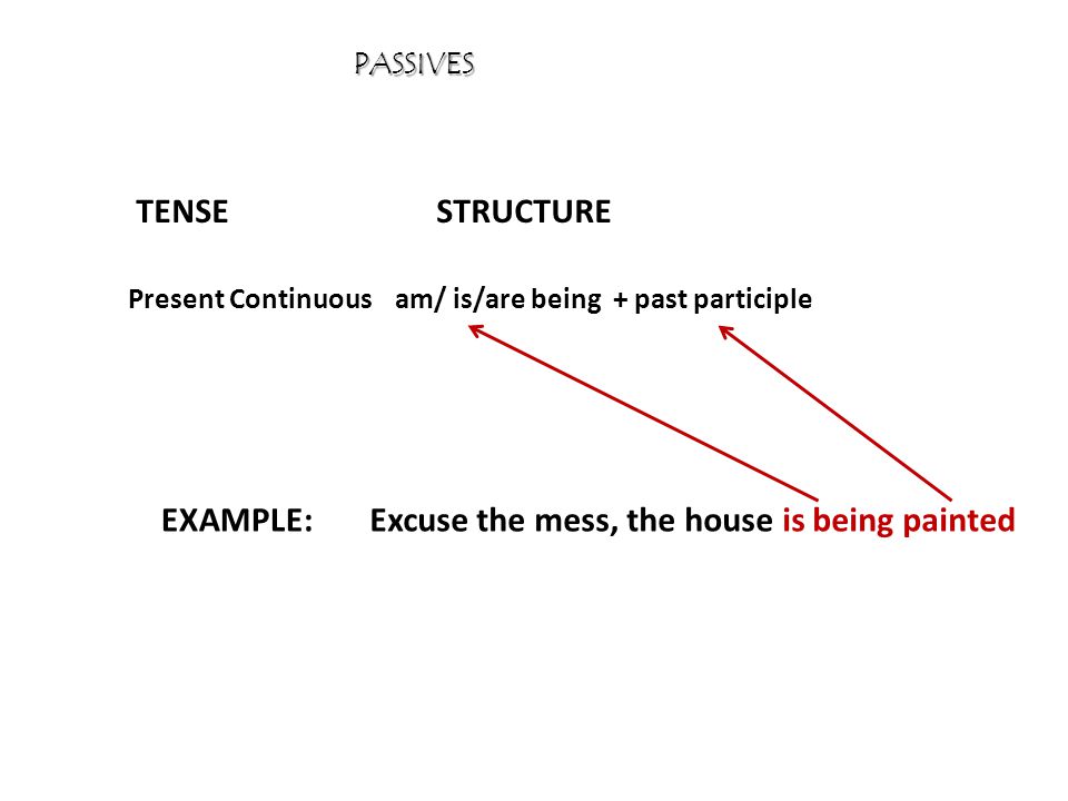 PASSIVES TENSESTRUCTURE EXAMPLE: Present Continuousam/ is/are being + past participle Excuse the mess, the house is being painted