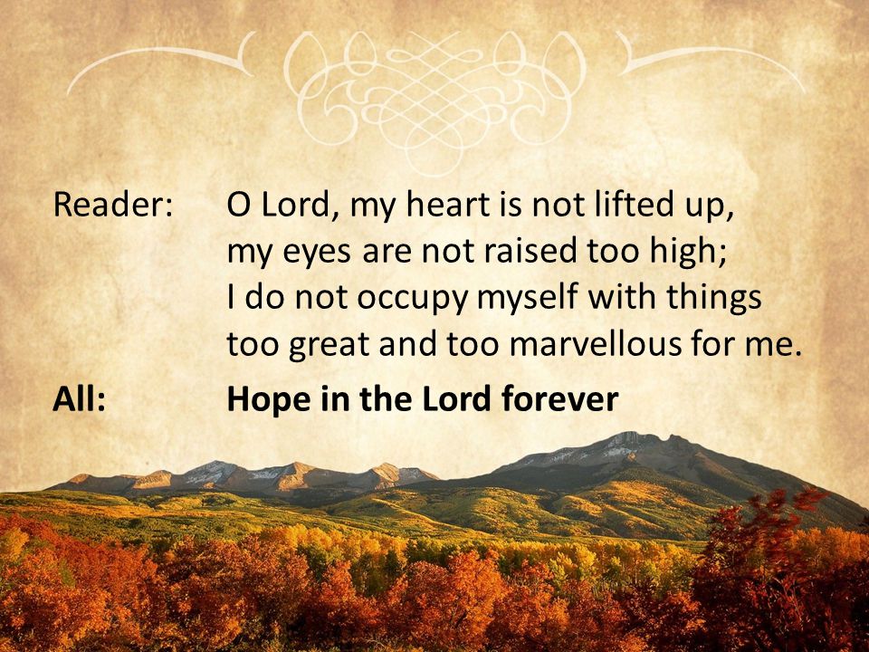 Reader:O Lord, my heart is not lifted up, my eyes are not raised too high; I do not occupy myself with things too great and too marvellous for me.