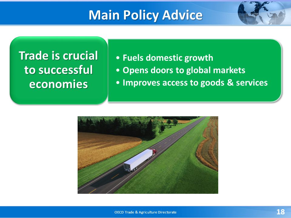 OECD Trade & Agriculture Directorate 18 Fuels domestic growth Opens doors to global markets Improves access to goods & services Trade is crucial to successful economies Main Policy Advice