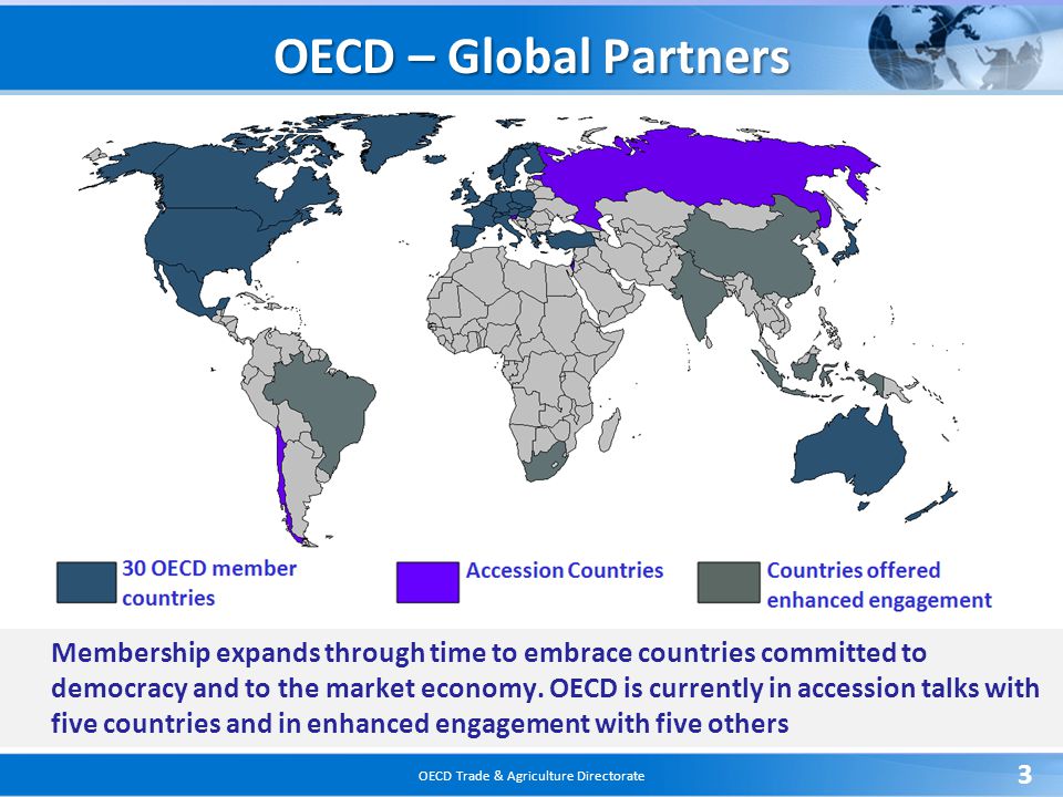 OECD Trade & Agriculture Directorate 3 OECD – Global Partners Membership expands through time to embrace countries committed to democracy and to the market economy.