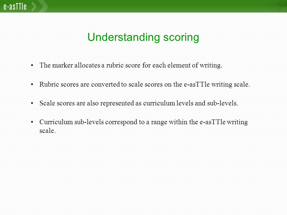 Understanding scoring The marker allocates a rubric score for each element of writing.