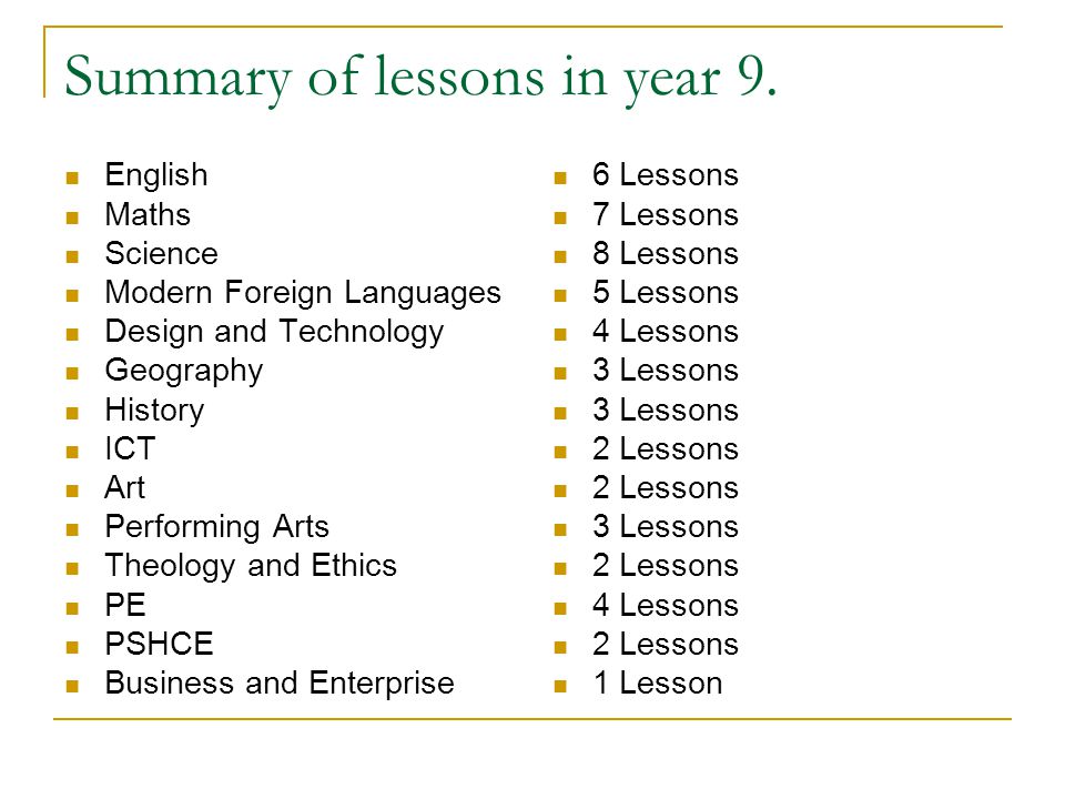 Summary of lessons in year 9.