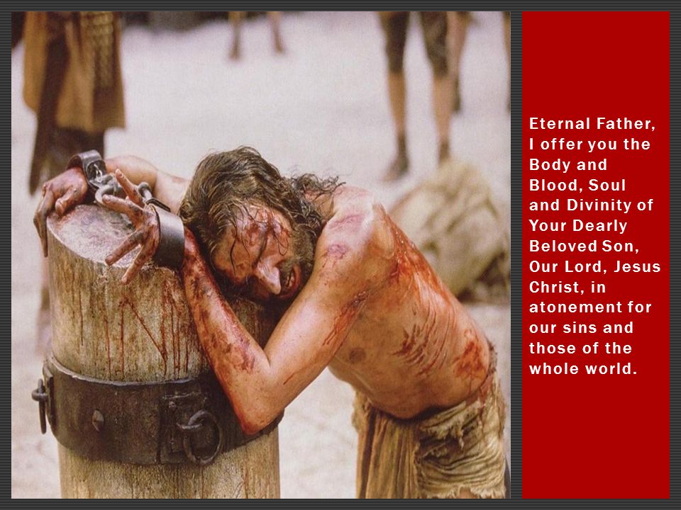 Eternal Father, I offer you the Body and Blood, Soul and Divinity of Your Dearly Beloved Son, Our Lord, Jesus Christ, in atonement for our sins and those of the whole world.