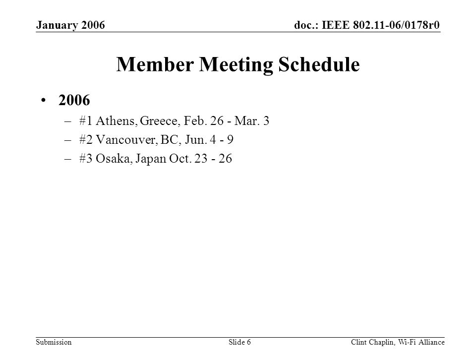 doc.: IEEE /0178r0 Submission January 2006 Clint Chaplin, Wi-Fi AllianceSlide 6 Member Meeting Schedule 2006 –#1 Athens, Greece, Feb.
