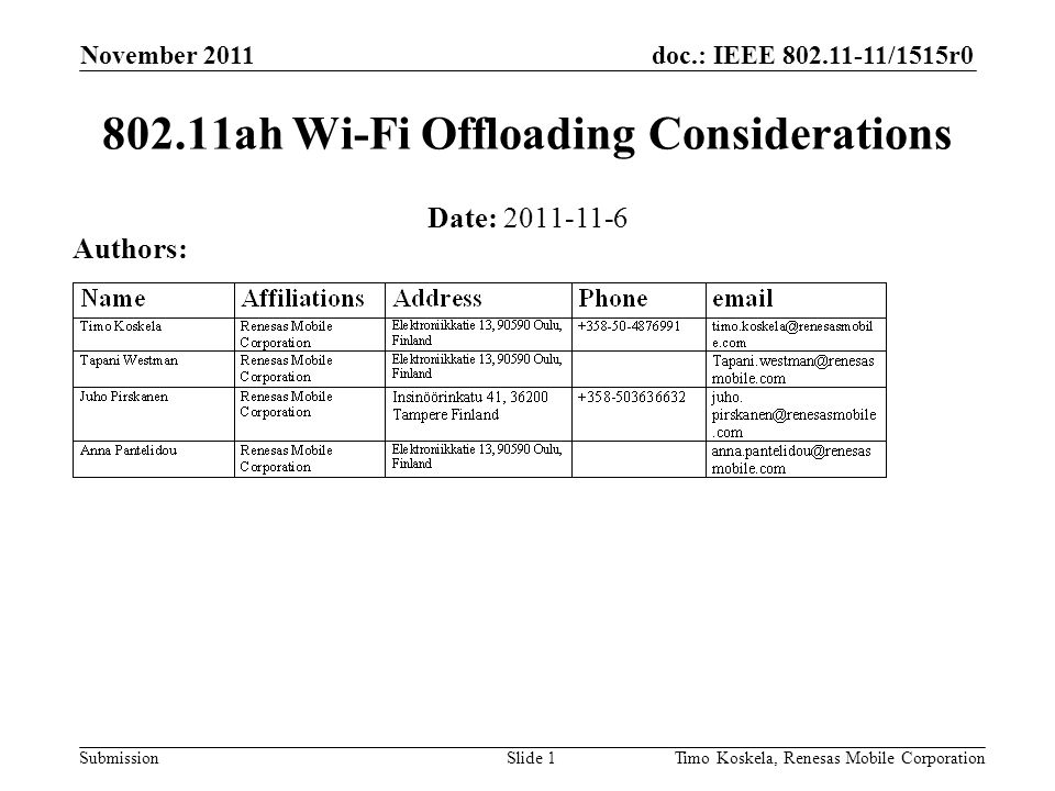doc.: IEEE /1515r0 Submission November 2011 Timo Koskela, Renesas Mobile CorporationSlide ah Wi-Fi Offloading Considerations Date: Authors: