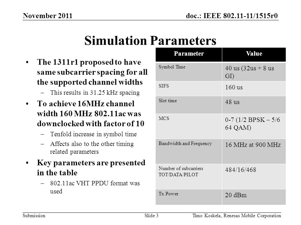 doc.: IEEE /1515r0 Submission Simulation Parameters The 1311r1 proposed to have same subcarrier spacing for all the supported channel widths –This results in kHz spacing To achieve 16MHz channel width 160 MHz ac was downclocked with factor of 10 –Tenfold increase in symbol time –Affects also to the other timing related parameters Key parameters are presented in the table –802.11ac VHT PPDU format was used November 2011 Slide 3Timo Koskela, Renesas Mobile Corporation ParameterValue Symbol Time 40 us (32us + 8 us GI) SIFS 160 us Slot time 48 us MCS 0-7 (1/2 BPSK – 5/6 64 QAM) Bandwidth and Frequency 16 MHz at 900 MHz Number of subcarriers TOT/DATA/PILOT 484/16/468 Tx Power 20 dBm
