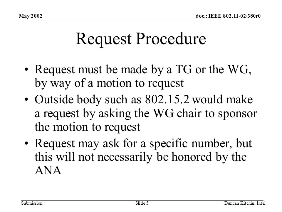 doc.: IEEE /380r0 Submission May 2002 Duncan Kitchin, IntelSlide 5 Request Procedure Request must be made by a TG or the WG, by way of a motion to request Outside body such as would make a request by asking the WG chair to sponsor the motion to request Request may ask for a specific number, but this will not necessarily be honored by the ANA