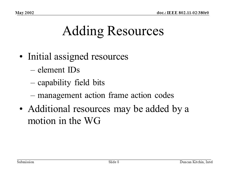 doc.: IEEE /380r0 Submission May 2002 Duncan Kitchin, IntelSlide 8 Adding Resources Initial assigned resources –element IDs –capability field bits –management action frame action codes Additional resources may be added by a motion in the WG