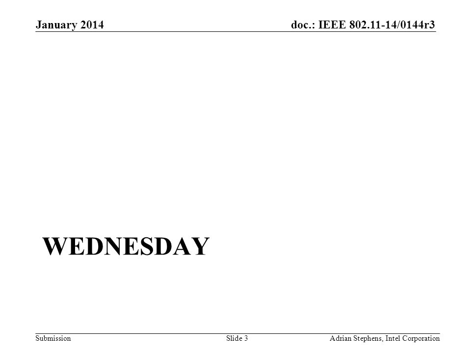 doc.: IEEE /0144r3 Submission WEDNESDAY January 2014 Adrian Stephens, Intel CorporationSlide 3