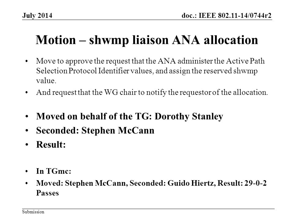 doc.: IEEE /0744r2 Submission July 2014 Motion – shwmp liaison ANA allocation Move to approve the request that the ANA administer the Active Path Selection Protocol Identifier values, and assign the reserved shwmp value.