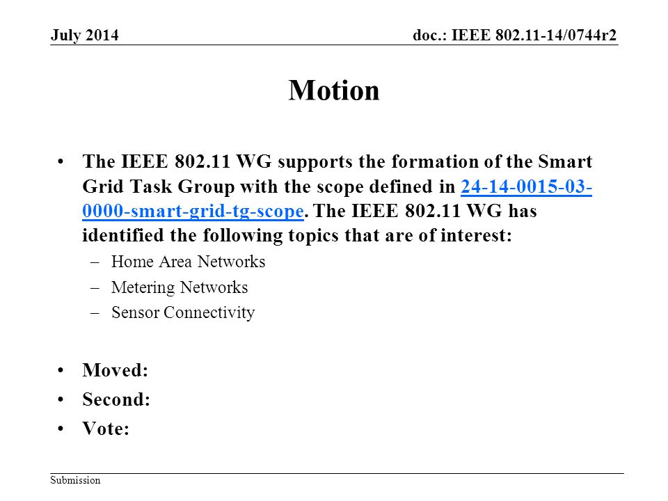 doc.: IEEE /0744r2 Submission Motion The IEEE WG supports the formation of the Smart Grid Task Group with the scope defined in smart-grid-tg-scope.