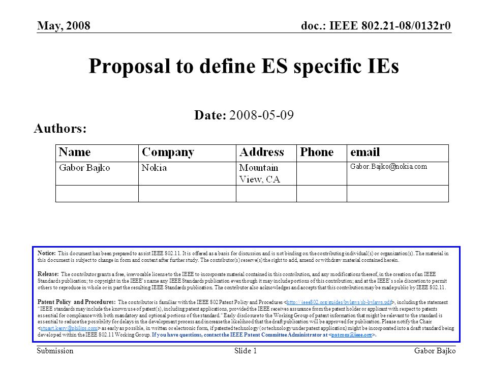 doc.: IEEE /0132r0 Submission May, 2008 Gabor BajkoSlide 1 Proposal to define ES specific IEs Notice: This document has been prepared to assist IEEE