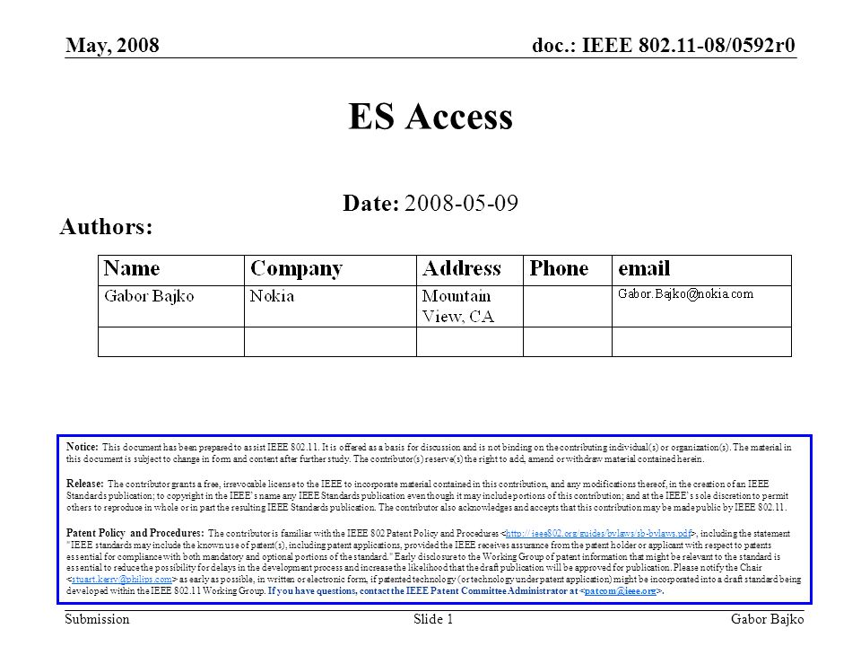 doc.: IEEE /0592r0 Submission May, 2008 Gabor BajkoSlide 1 ES Access Notice: This document has been prepared to assist IEEE