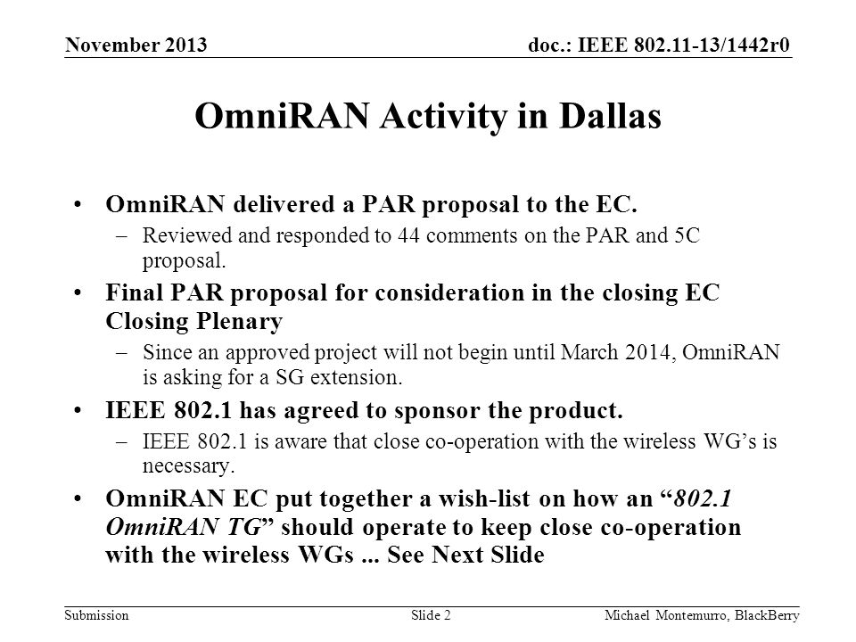doc.: IEEE /1442r0 Submission OmniRAN Activity in Dallas OmniRAN delivered a PAR proposal to the EC.
