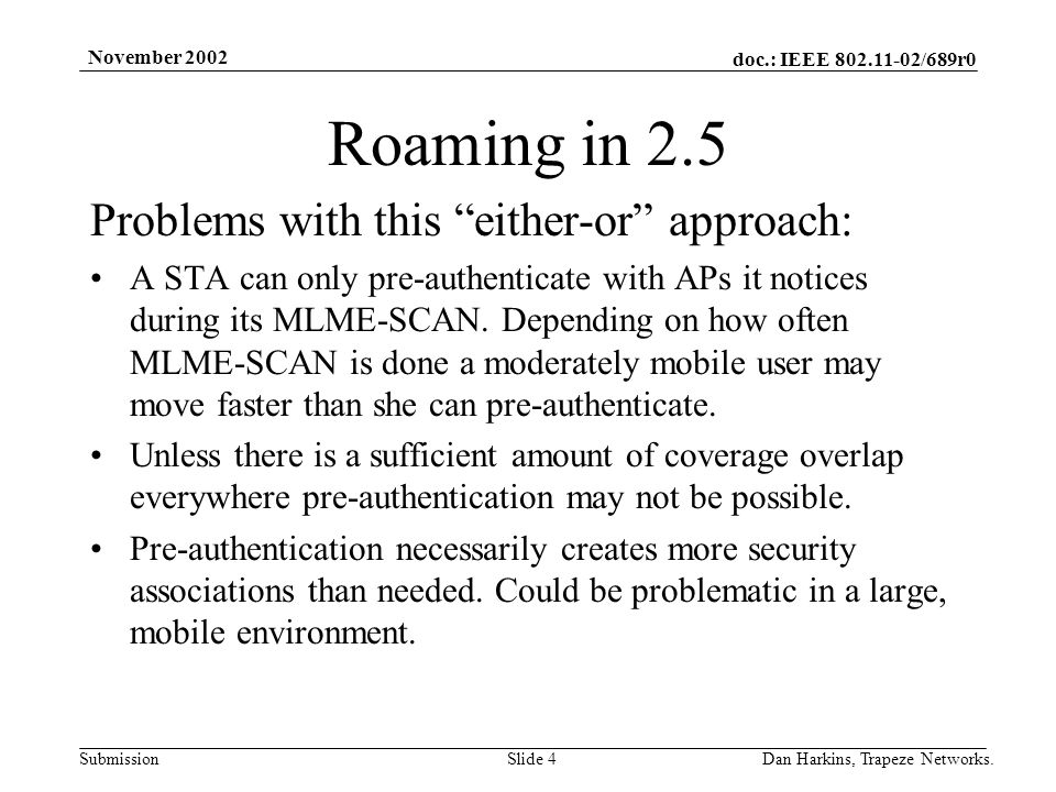 doc.: IEEE /689r0 Submission November 2002 Dan Harkins, Trapeze Networks.Slide 4 Roaming in 2.5 Problems with this either-or approach: A STA can only pre-authenticate with APs it notices during its MLME-SCAN.