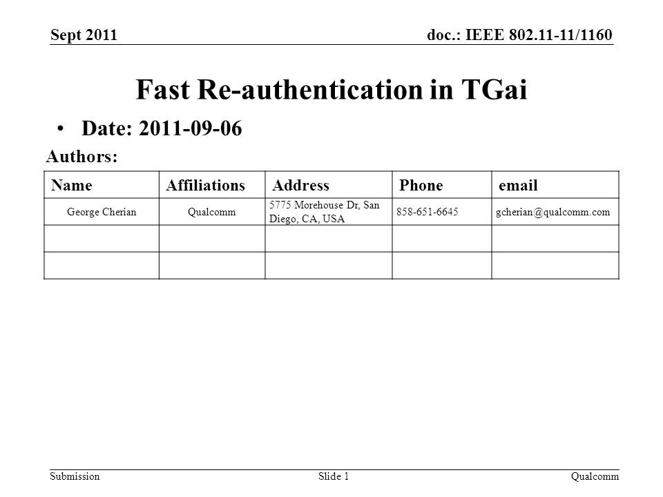 doc.: IEEE /1160 Submission NameAffiliationsAddressPhone George CherianQualcomm 5775 Morehouse Dr, San Diego, CA, USA Fast Re-authentication in TGai Date: Sept 2011 Slide 1 Authors: Qualcomm