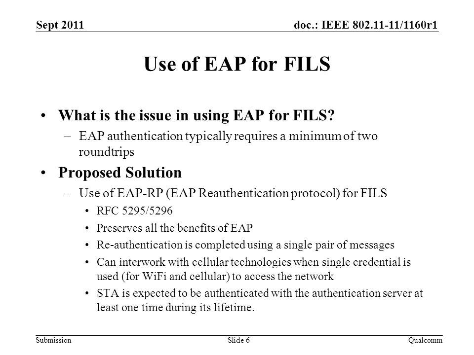 doc.: IEEE /1160r1 Submission Use of EAP for FILS What is the issue in using EAP for FILS.