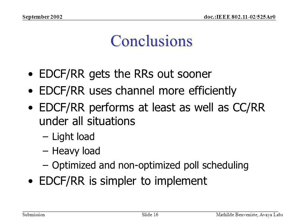 doc.:IEEE /525Ar0 Submission September 2002 Mathilde Benveniste, Avaya Labs Slide 16 Conclusions EDCF/RR gets the RRs out sooner EDCF/RR uses channel more efficiently EDCF/RR performs at least as well as CC/RR under all situations –Light load –Heavy load –Optimized and non-optimized poll scheduling EDCF/RR is simpler to implement