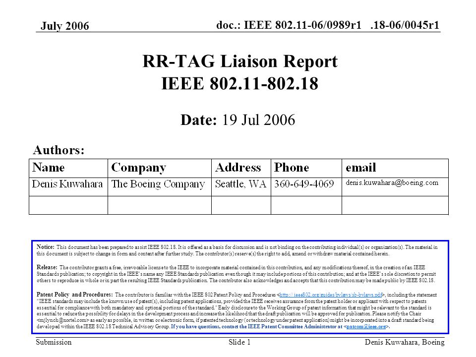 doc.: IEEE /0989r /0045r1 Submission July 2006 Denis Kuwahara, BoeingSlide 1 RR-TAG Liaison Report IEEE Notice: This document has been prepared to assist IEEE