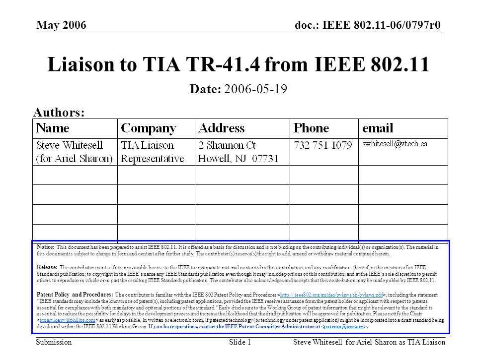 doc.: IEEE /0797r0 Submission May 2006 Steve Whitesell for Ariel Sharon as TIA LiaisonSlide 1 Liaison to TIA TR-41.4 from IEEE Notice: This document has been prepared to assist IEEE