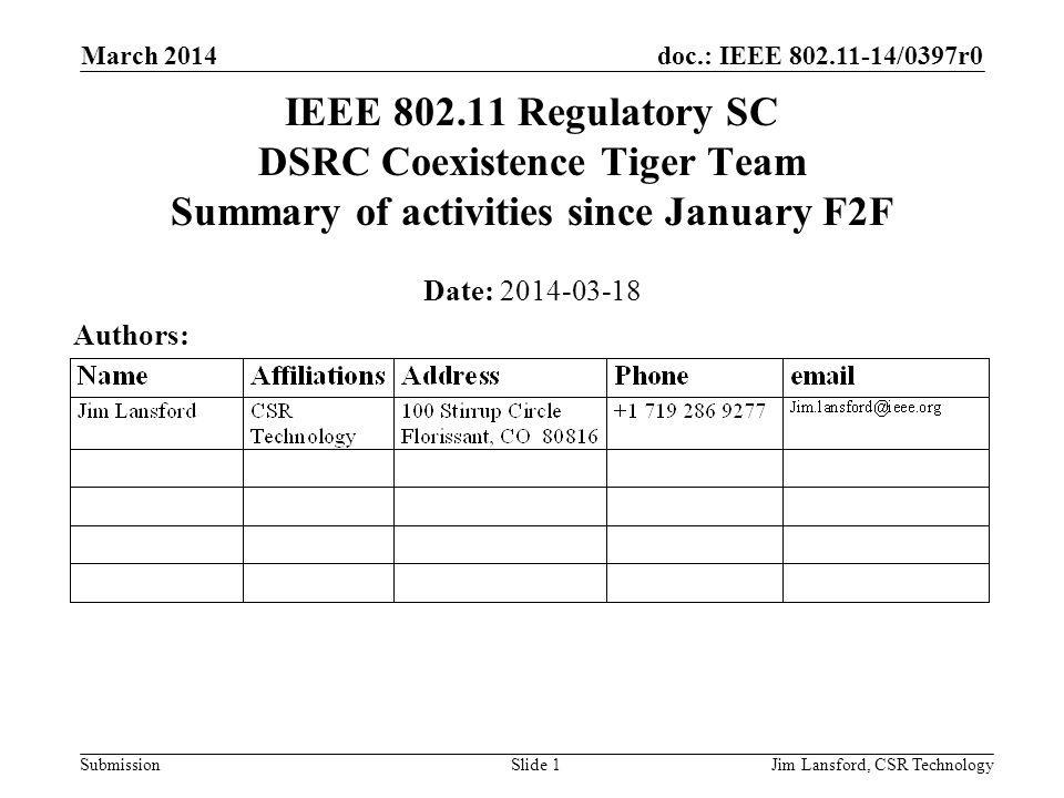 doc.: IEEE /0397r0 Submission March 2014 Jim Lansford, CSR TechnologySlide 1 IEEE Regulatory SC DSRC Coexistence Tiger Team Summary of activities since January F2F Date: Authors: