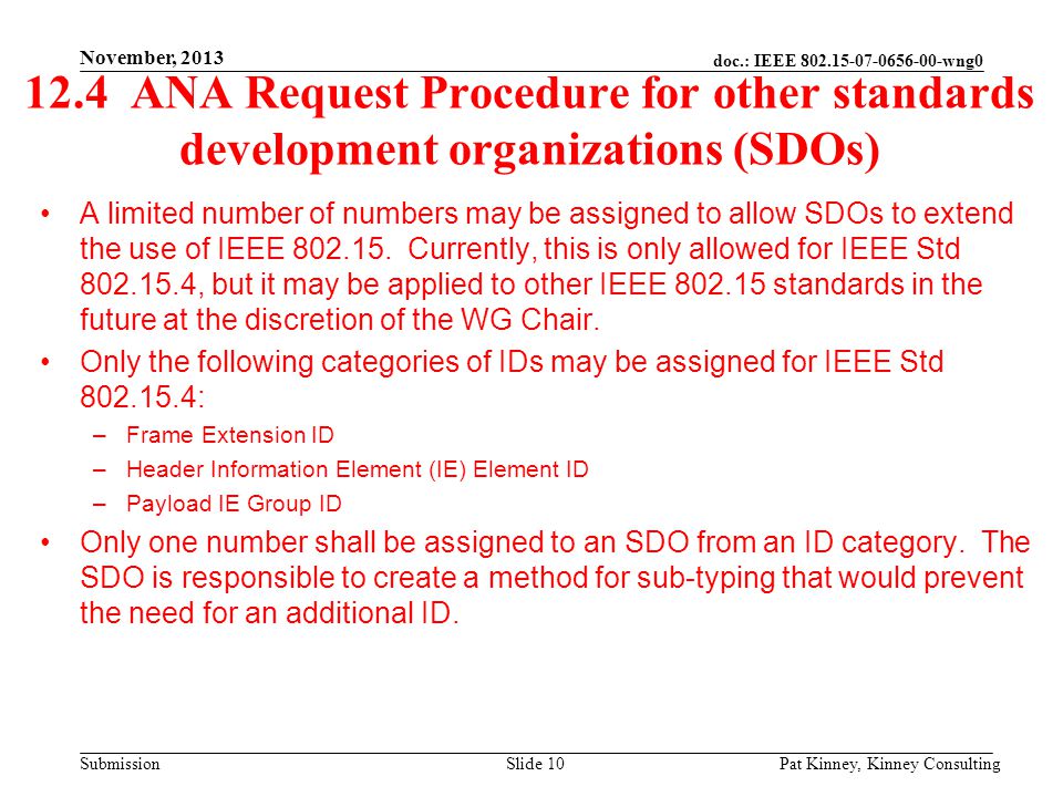 doc.: IEEE wng0 Submission 12.4 ANA Request Procedure for other standards development organizations (SDOs) A limited number of numbers may be assigned to allow SDOs to extend the use of IEEE