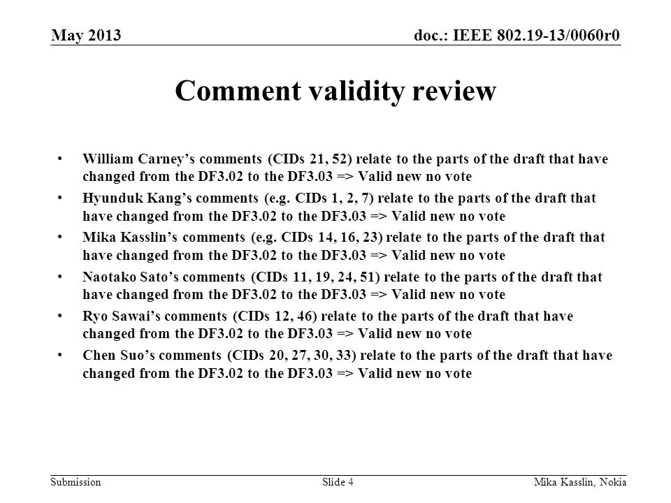 doc.: IEEE /0060r0 Submission Comment validity review William Carney’s comments (CIDs 21, 52) relate to the parts of the draft that have changed from the DF3.02 to the DF3.03 => Valid new no vote Hyunduk Kang’s comments (e.g.