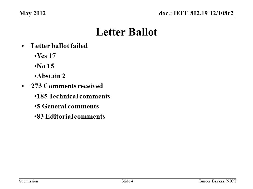 doc.: IEEE /108r2 Submission May 2012 Tuncer Baykas, NICTSlide 4 Letter Ballot Letter ballot failed Yes 17 No 15 Abstain Comments received 185 Technical comments 5 General comments 83 Editorial comments