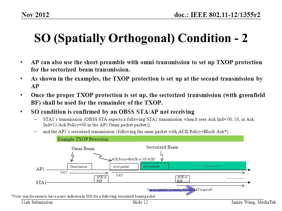 doc.: IEEE /1355r2 11ah Submission SO (Spatially Orthogonal) Condition - 2 AP can also use the short-preamble with omni-transmission to set up TXOP protection for the sectorized beam transmission.