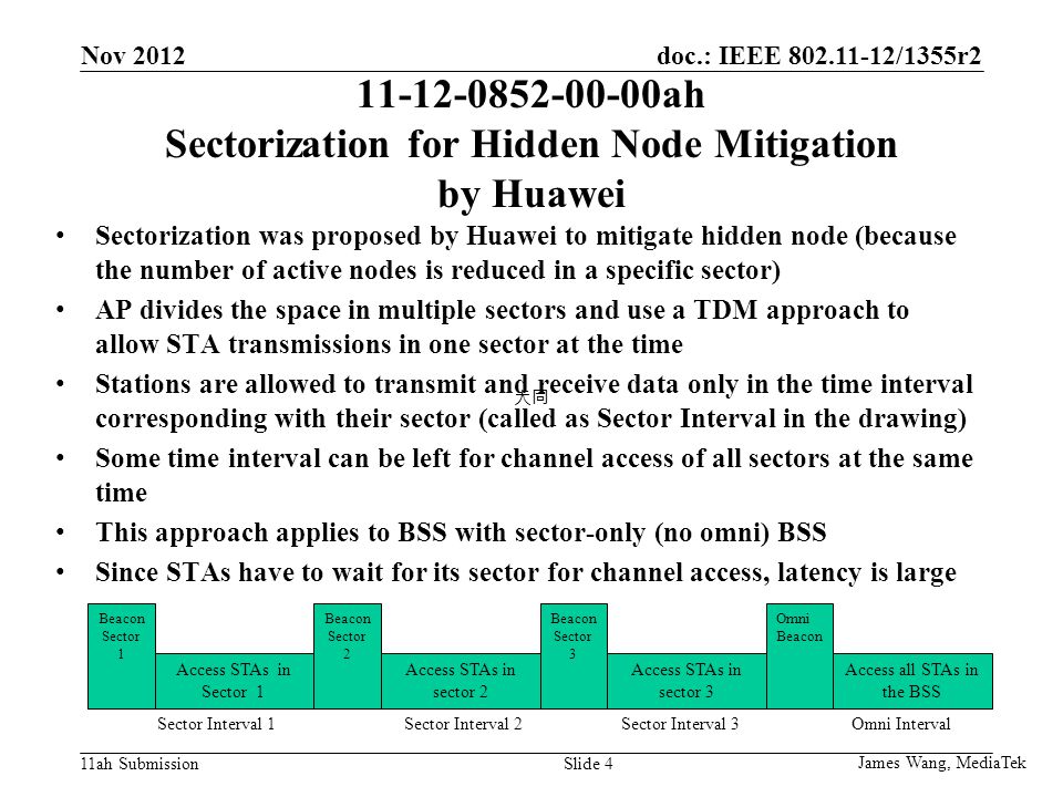 doc.: IEEE /1355r2 11ah Submission ah Sectorization for Hidden Node Mitigation by Huawei Sectorization was proposed by Huawei to mitigate hidden node (because the number of active nodes is reduced in a specific sector) AP divides the space in multiple sectors and use a TDM approach to allow STA transmissions in one sector at the time Stations are allowed to transmit and receive data only in the time interval corresponding with their sector (called as Sector Interval in the drawing) Some time interval can be left for channel access of all sectors at the same time This approach applies to BSS with sector-only (no omni) BSS Since STAs have to wait for its sector for channel access, latency is large Slide 4 Beacon Sector 1 Access STAs in Sector 1 Beacon Sector 2 Access STAs in sector 2 Beacon Sector 3 Access STAs in sector 3 Omni Beacon Access all STAs in the BSS Sector Interval 1Sector Interval 2Sector Interval 3Omni Interval James Wang, MediaTek 大同 Nov 2012