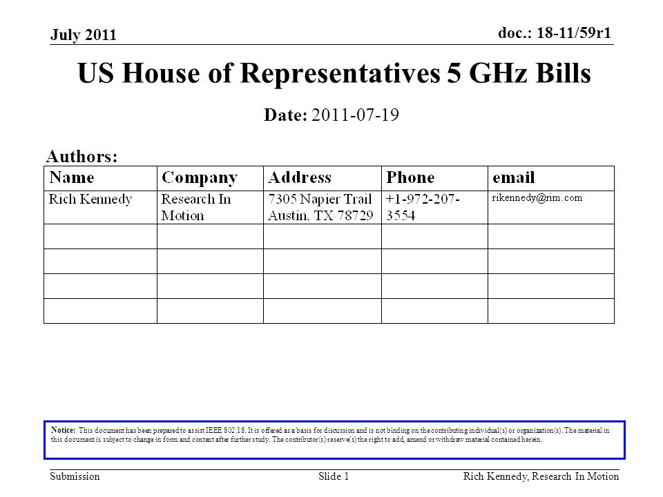 doc.: 18-11/59r1 Submission July 2011 Rich Kennedy, Research In MotionSlide 1 US House of Representatives 5 GHz Bills Notice: This document has been prepared to assist IEEE