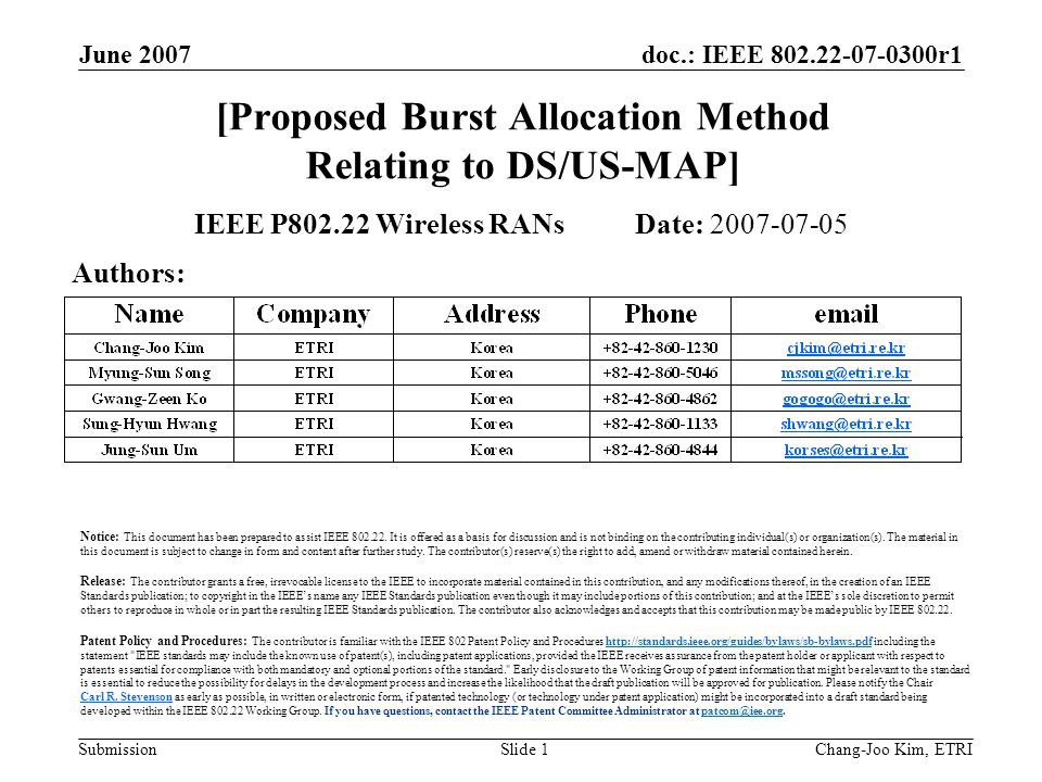 doc.: IEEE r1 Submission June 2007 Chang-Joo Kim, ETRISlide 1 [Proposed Burst Allocation Method Relating to DS/US-MAP] IEEE P Wireless RANs Date: Authors: Notice: This document has been prepared to assist IEEE