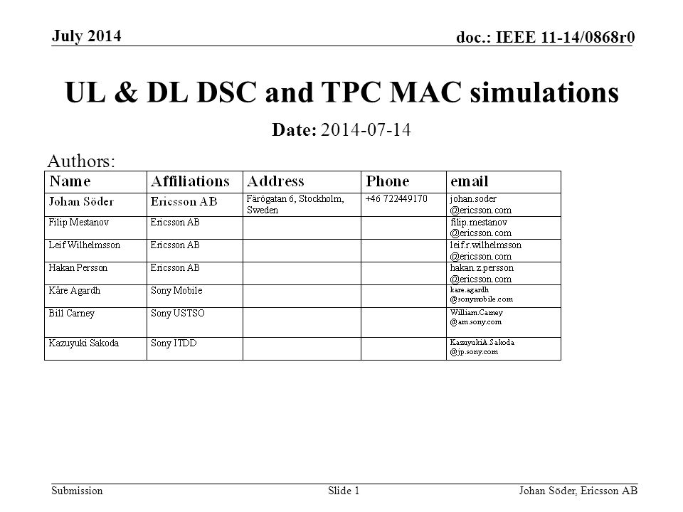 Submission doc.: IEEE 11-14/0868r0 July 2014 Johan Söder, Ericsson ABSlide 1 UL & DL DSC and TPC MAC simulations Date: Authors: