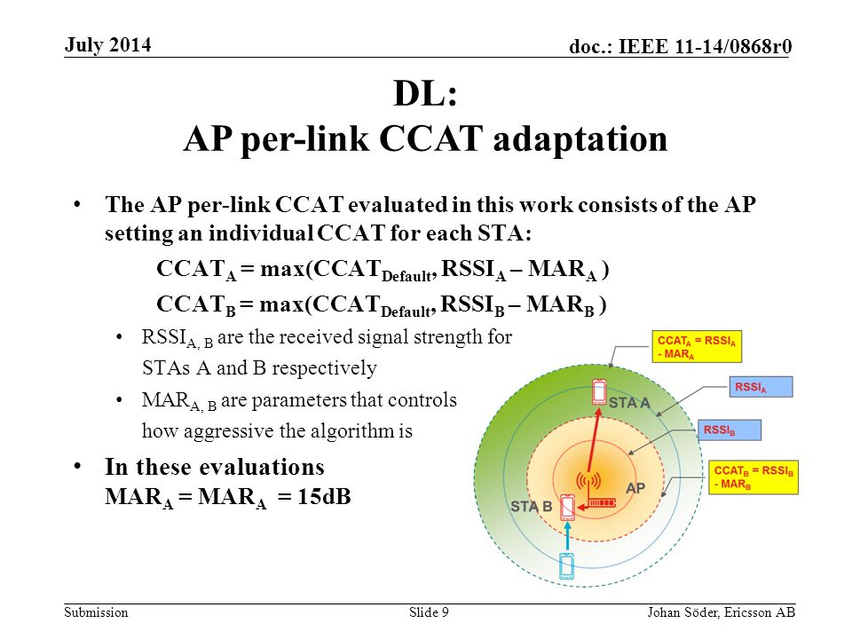 Submission doc.: IEEE 11-14/0868r0 The AP per-link CCAT evaluated in this work consists of the AP setting an individual CCAT for each STA: CCAT A = max(CCAT Default, RSSI A – MAR A ) CCAT B = max(CCAT Default, RSSI B – MAR B ) RSSI A, B are the received signal strength for STAs A and B respectively MAR A, B are parameters that controls how aggressive the algorithm is In these evaluations MAR A = MAR A = 15dB DL: AP per-link CCAT adaptation July 2014 Johan Söder, Ericsson ABSlide 9