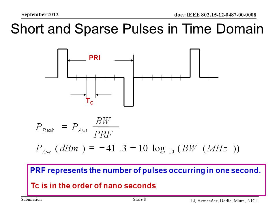 doc.: IEEE Submission September 2012 Li, Hernandez, Dotlic, Miura, NICT Slide 8 PRF represents the number of pulses occurring in one second.