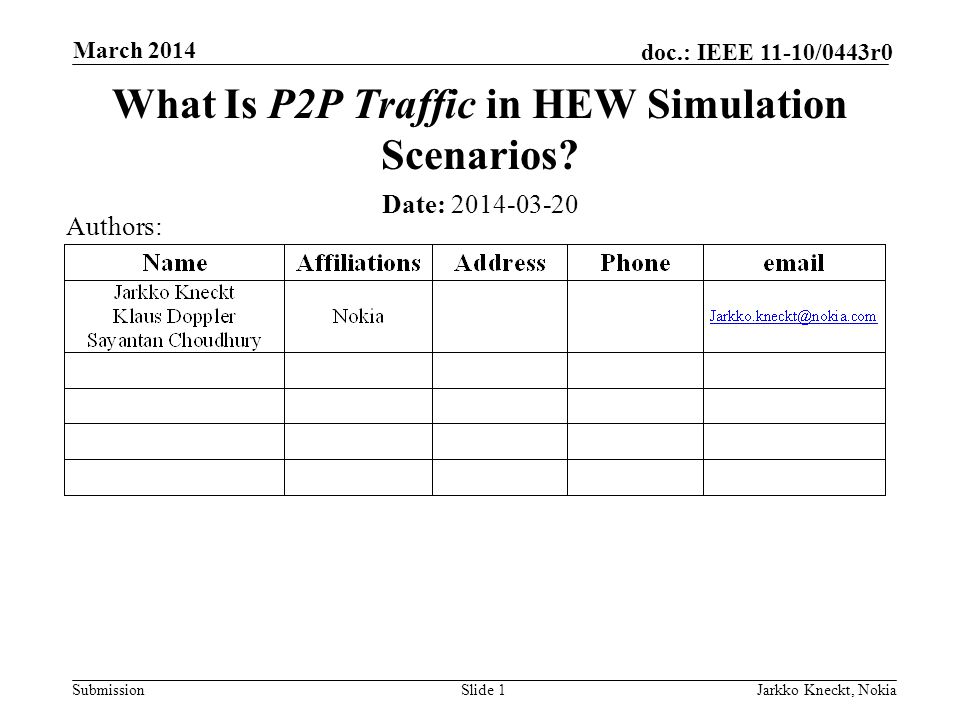 Submission doc.: IEEE 11-10/0443r0 March 2014 Jarkko Kneckt, NokiaSlide 1 What Is P2P Traffic in HEW Simulation Scenarios.
