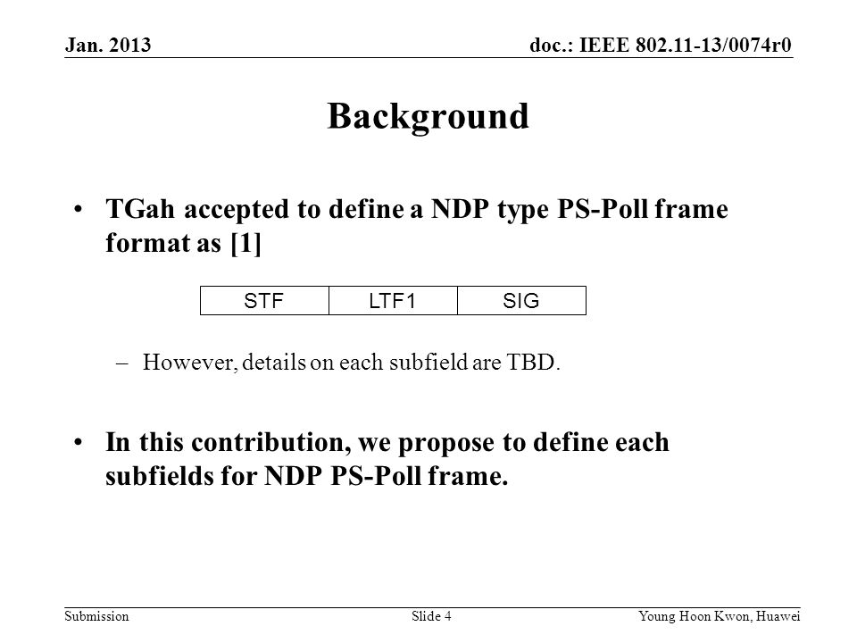doc.: IEEE /0074r0 Submission Background TGah accepted to define a NDP type PS-Poll frame format as [1] –However, details on each subfield are TBD.