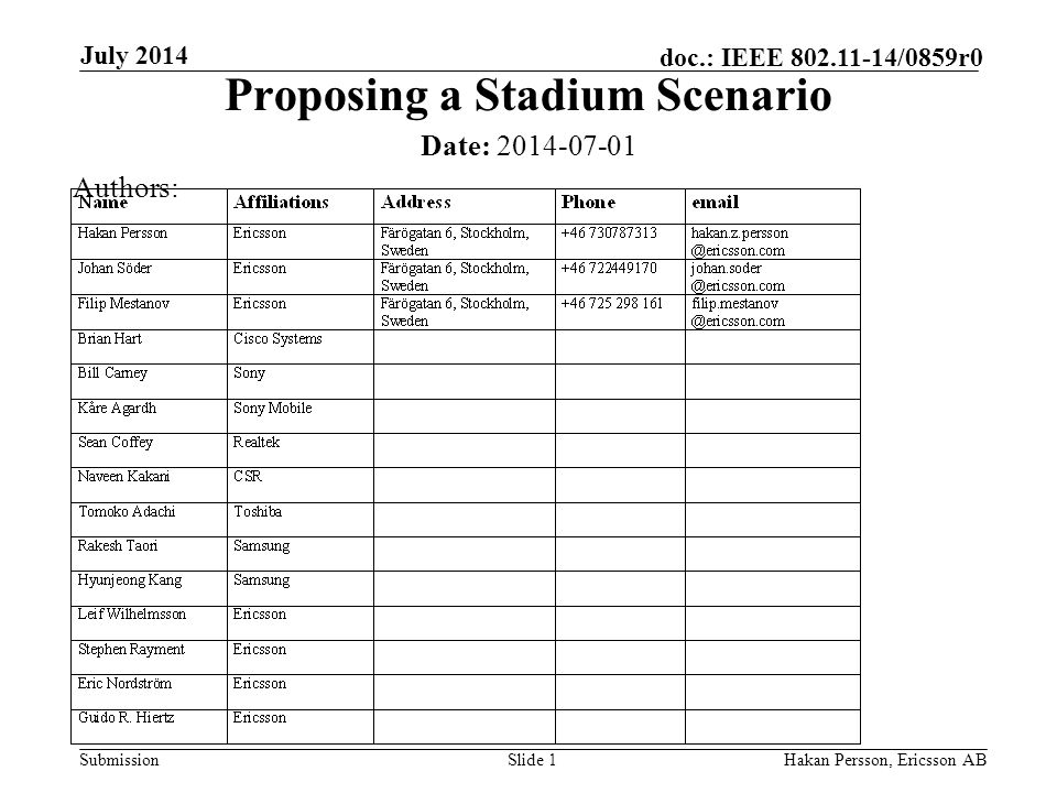 Submission doc.: IEEE /0859r0 July 2014 Hakan Persson, Ericsson ABSlide 1 Proposing a Stadium Scenario Date: Authors: